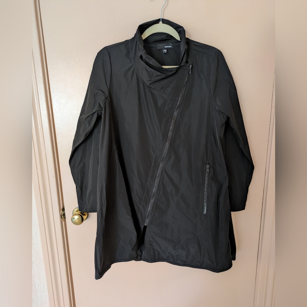 Sun Kim diagonal zipper jacket, black parachute fabric, Size S, NWOT